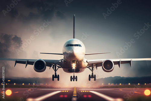 Front view of a passenger airplane is landing or taking-off on the airport runway, transportation scene. Generative Ai image.