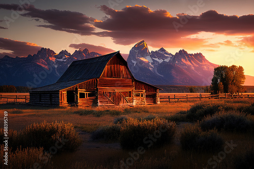 Moulton barn, Grand Teton National Park landscape at sunset imagined by AI