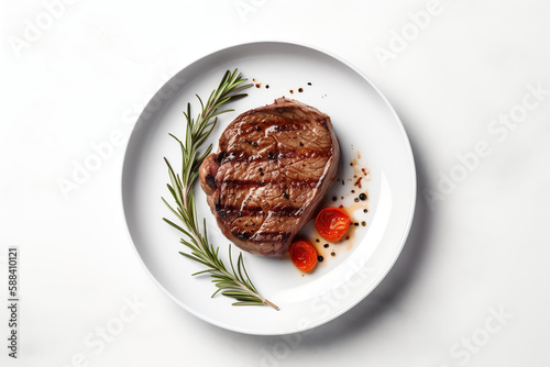 Top view, Grilled flat iron steak shot in flat style, On white background, AI Generated
