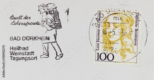 briefmarke stamp vintage retro alt old slogan werbung quelle der lebensfreude wandern hiking bad kürkheim heilbad 100 luise henriette von oranien post letter mail brief papier health woman head kopf