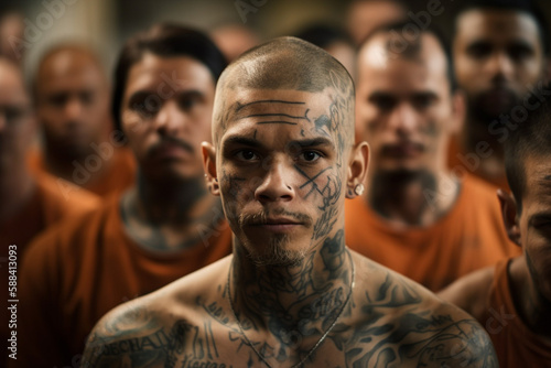 group of tattooed convicts looking at camera, AI generated image