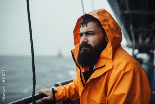 A tough fisherman with a raincoat while it rains watches the sea. AI generated image