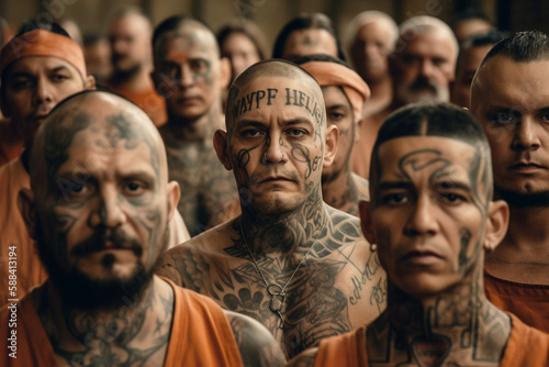 group of tattooed convicts looking at camera. AI generated image