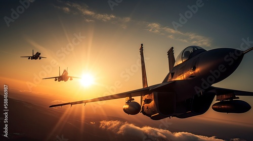 Militar aircraft flying over the clouds in amazing sunset. Generative Ai.