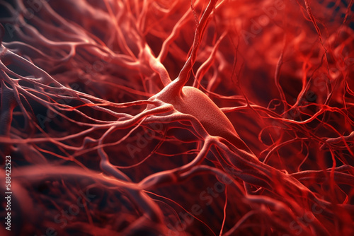 Health care and medicine concept. Abstract visualization of of red human veins and blood vessels web. Microscopic view. Abstract and futuristic looking style. Generative AI