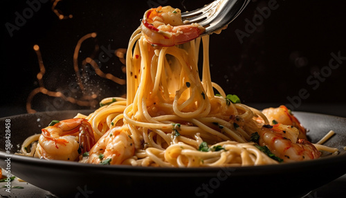 Freshly cooked linguini with prawn and seafood generated by AI