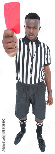 Full length portrait of referee showing red card