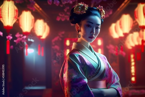 Portrait of fictional, not based on a real person geisha wearing beautiful dress, standing in traditional japanese interior with neon lights. Generative AI