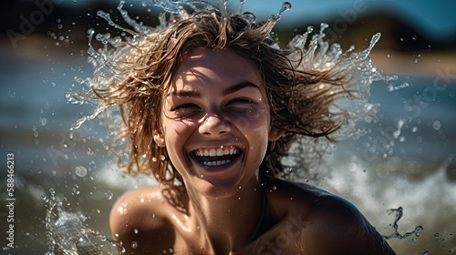 Joyful Liberation: A Woman with Brown Hair Leaps from the Sea, Her Hair Aflutter with Droplets, Her Laughter Echoing - Generative AI