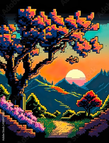 landscape with trees and mountains - Pixel Art. Created using generative AI.
