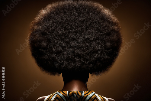 Brown hair. Woman from the back with afro hair. Generative AI.