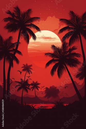 Tropical sunset with palm trees.