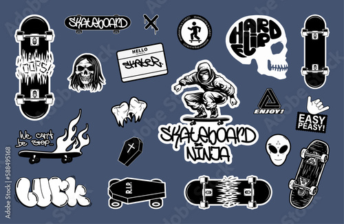 Skateboard stickers, patches, badges, labels. Atmospheric stickers skateboard concept, boards, graffiti, broken teeth, a coffin on wheels, skull, broken boards. Vector badges black and white, isolated