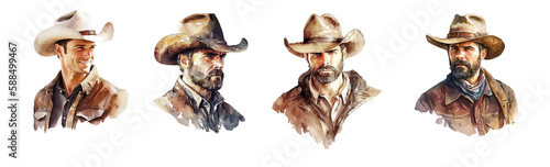 Watercolor clipart of cowboy portraits created with Generative AI technology