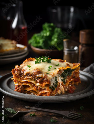 An aromatic plate of beef and vegetable lasagna oozing with melted cheese and a flavorful tomato sauce.. AI generation.