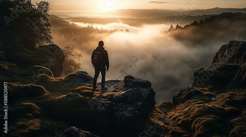 A person standing on a cliff watching a sunrise over a misty valley. Generative AI