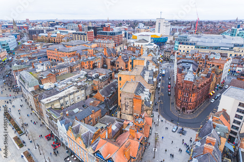 high-angle aerial shot of buildings in Nottingham city center, Old Market Square. High quality photo