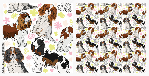 Spring pattern with spirals, leaf, flowers, cavalier king charles spaniel dogs. Pastel colors. Elegant, soft, delicate seamless background, abstract summer pattern with hand-drawn colorful shapes.