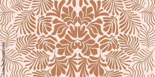 Brown beige abstract background with tropical palm leaves in Matisse style. Vector seamless pattern with Scandinavian cut out elements.