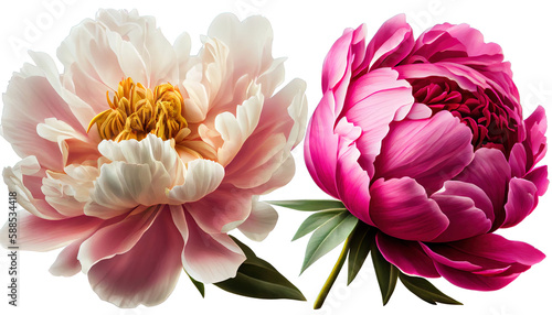 Illustrations of Pink peony flower blossoms. Isolated. Created using generative ai.