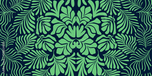 Green abstract background with tropical palm leaves in Matisse style. Vector seamless pattern with Scandinavian cut out elements.