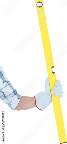 Hand with gloves holding long level