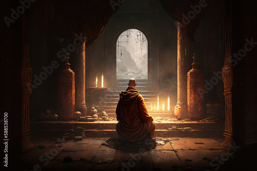 Buddhist monk sits inside old dark temple and worships holy, generative AI