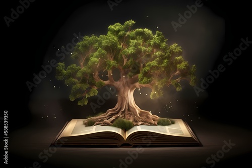 A tree with a book in front of it Generative AI