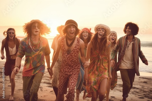 group of hippies dancing on the beach at sunset time. Generative AI