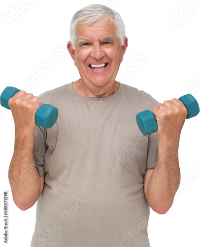 Portrait of a happy senior man exercising with dumbbells
