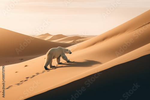 A polar bear walks desperately through the desert looking for water and food. The heatwave caused by climate change has left the bear without habitat. Generative AI