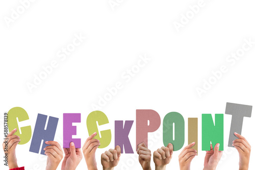 Cropped hands holding colorful word checkpoint 