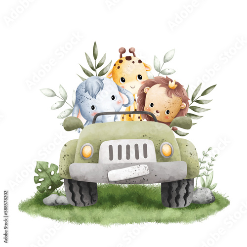 Watercolor Illustration cute baby animals riding green safari jeep