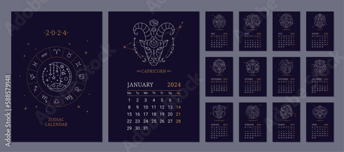 2024 Astrology wall monthly calendars with zodiac signs set. 12 months vertical calendar templates with zodiac constellations on dark blue sky, week starts on Monday thin line vector illustration