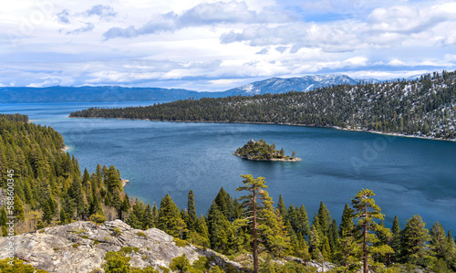 Emerald Bay - A panoramic overview of Emerald Bay on a stormy Spring day, Lake Tahoe, California-Nevada, USA.