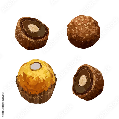 Chocolate candy ball shape with filling and nuts, isolated on white background. Hand drawn watercolor vector illustration