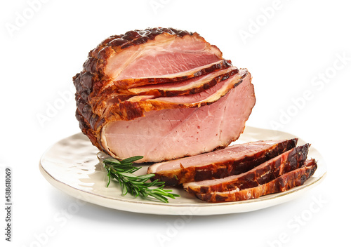 Plate with tasty smoked ham isolated on white background