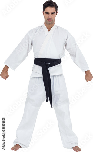 Male karate player posing on white background