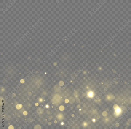 Golden dust light png. Christmas glowing bokeh confetti and sparkle overlay texture for your design. Yellow dust, sparks, stars shine with a special lights. Gold particles abstract vector background.