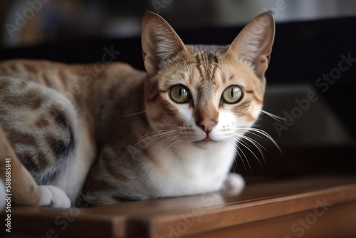 Adorable Cat Sitting at Home. Closeup of Cute Pet with Blur Background and Copy Space