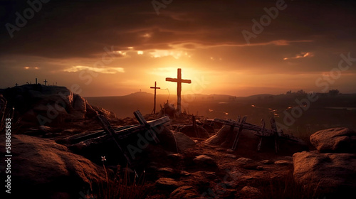 calvary sunset background for good friday he is risen; generative AI