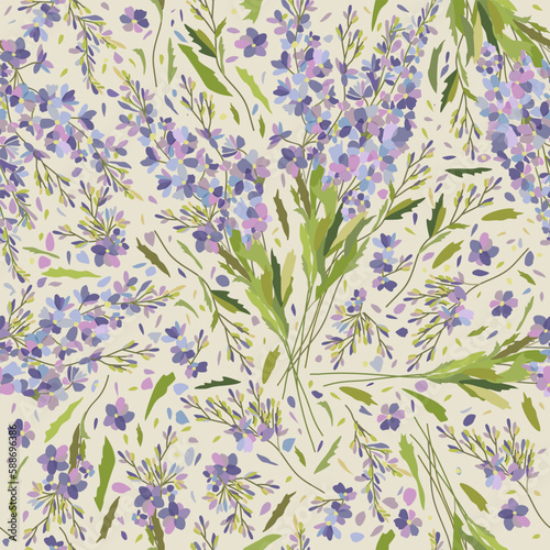 Vector seamless floral pattern with blue flowers and green leaves on light beige background. Delphinium. Soft pastel ornament.