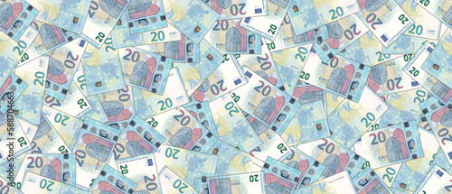 Financial illustration. Wide seamless pattern. Randomly scattered banknotes of the European Union, denomination of 20 euros. Obverse and reverse bills.