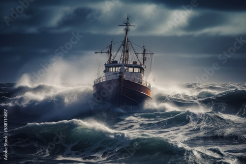 A dramatic photography of a fishing trawler battling through a violent storm on the high seas. Power and intensity of the waves crashing against the boat. Created with generative A.I. technology.