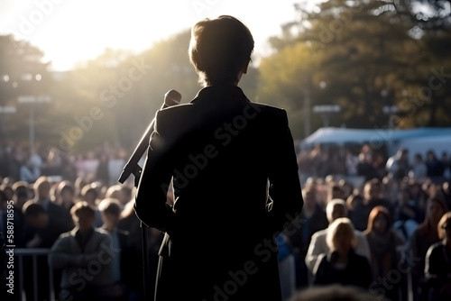 Back view of female politician in black suit standing on stage facing an audience of hundreds. generated AI