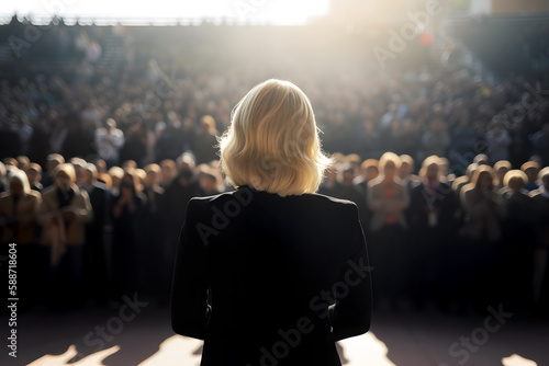 Back view of female politician in black suit standing on stage facing an audience of hundreds. generated AI