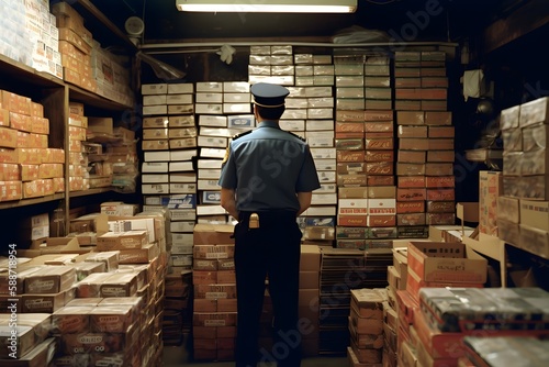Counterfeit goods in boxes in police warehouse. Confiscated couterfeit goods. Police Officer looking at boxes. Generative Ai.