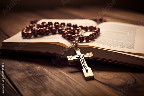 Open bible and wooden rosary with a cross. Generative AI
