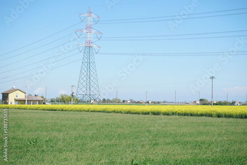 Pilone di linea elettrica sui campi coltivati