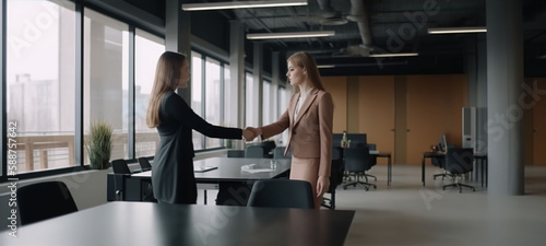 Two Businesswomen Shaking Hands In Modern Office, female colleagues partners